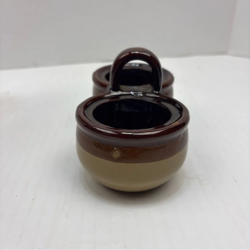 Vintage Brown Cream Stoneware Glazed Holder Double Condiment Sauce Dip Handle